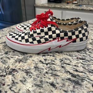 Vans Old Skool Black, Red, and White Checkered Sneakers with Red Lightning Bolt
